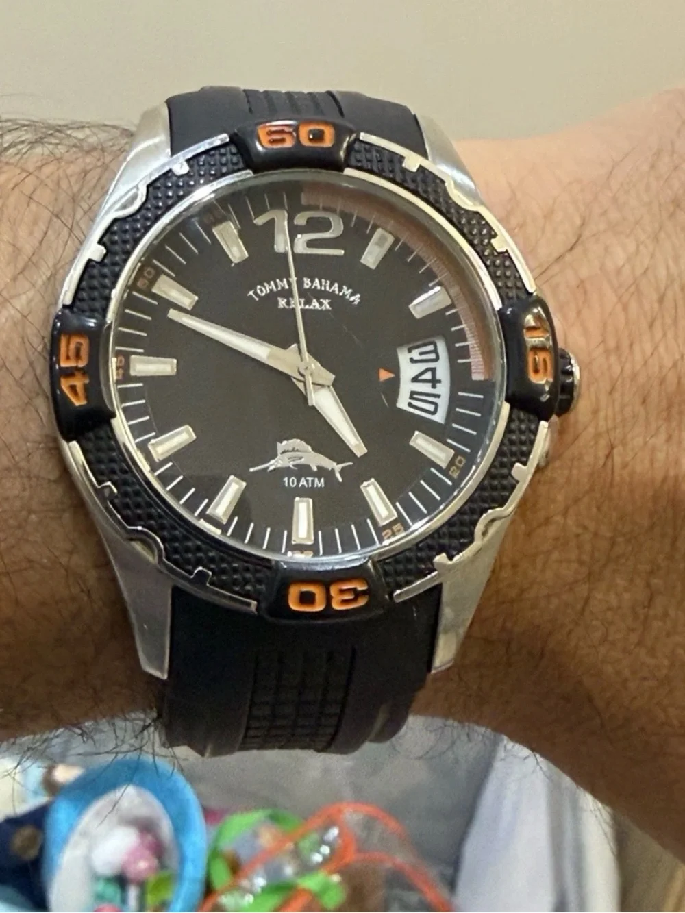 Tommy Bahama Relax Men Watch RLX1112 Black Orange Date 10 ATM 46mm Sport Diver